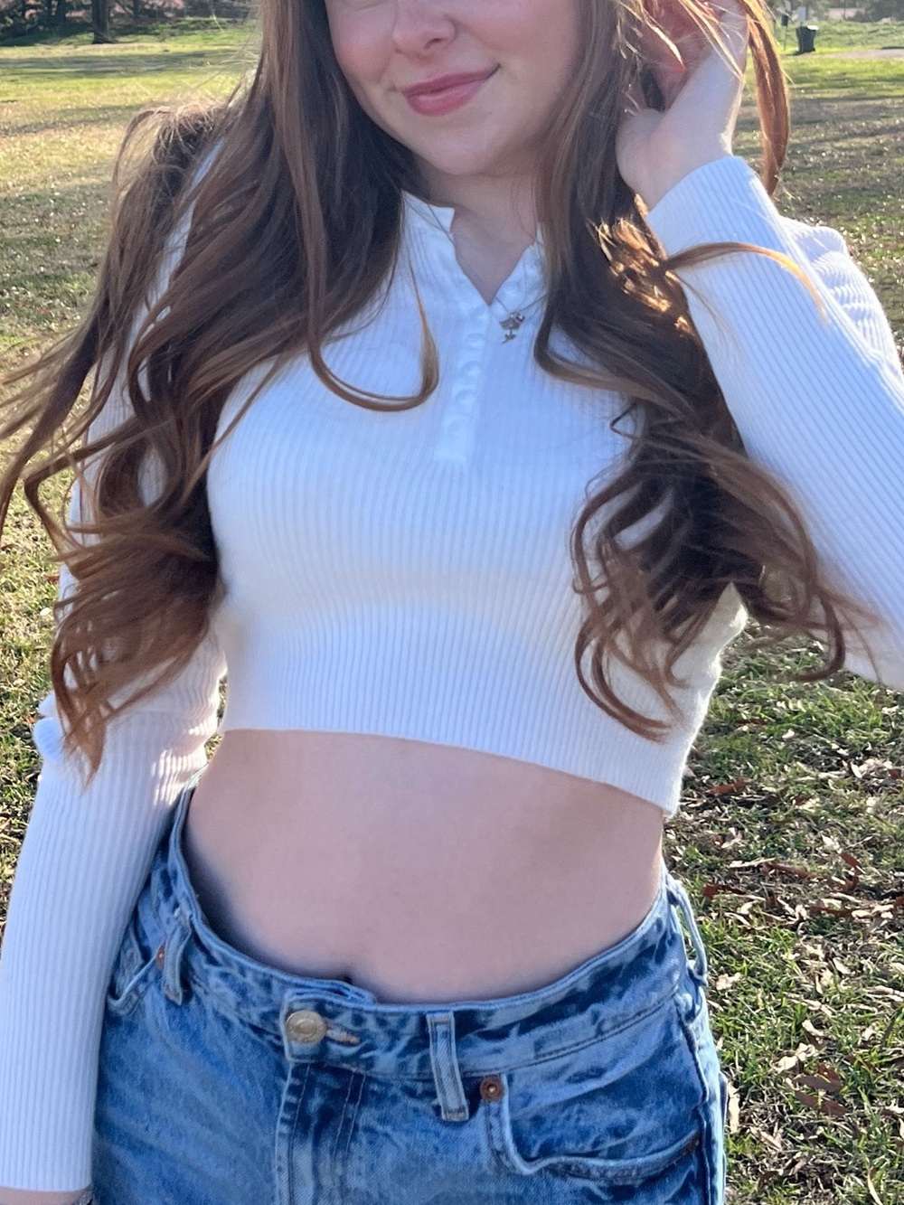 Princess Polly White Ribbed Cropped Henley Top